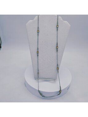Silver & Gold-Tone Long Chain Necklace Toggle Clasp Geometric Crystal Accents